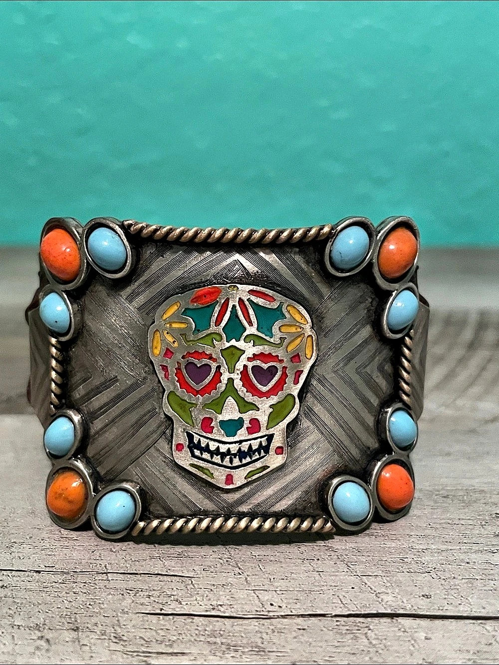Augus Sugar Skull Bucklet Western Leather Cuff Belt Brown & Silver
